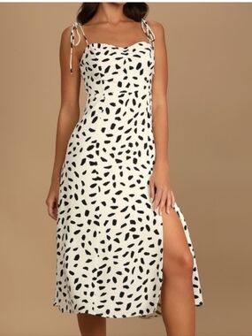 Lulu's Ivory & Black Printed Tie-Shoulder Midi Dress
